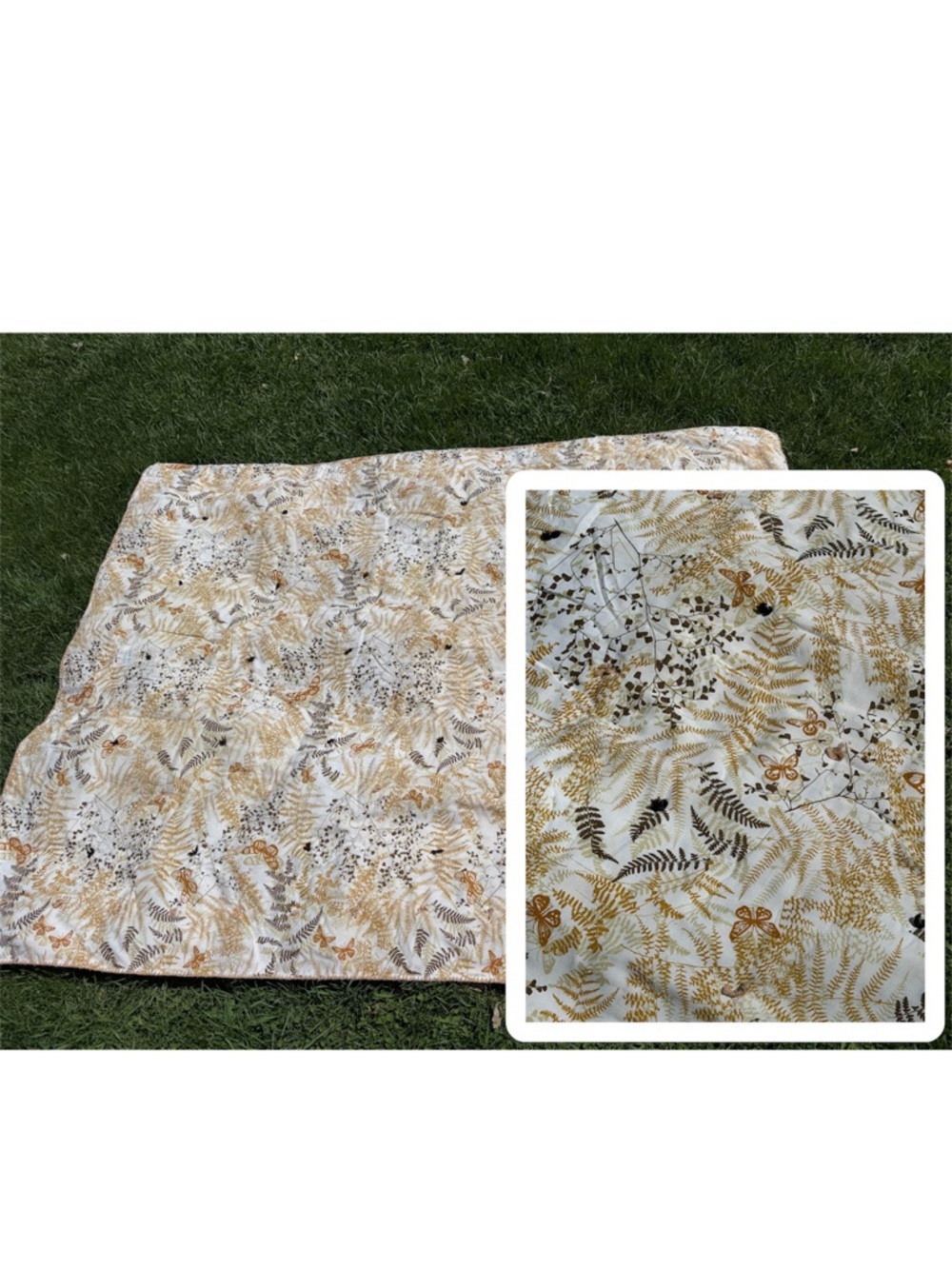 Handmade Vintage Botanical Print Quilt - White and Mustard Ferns